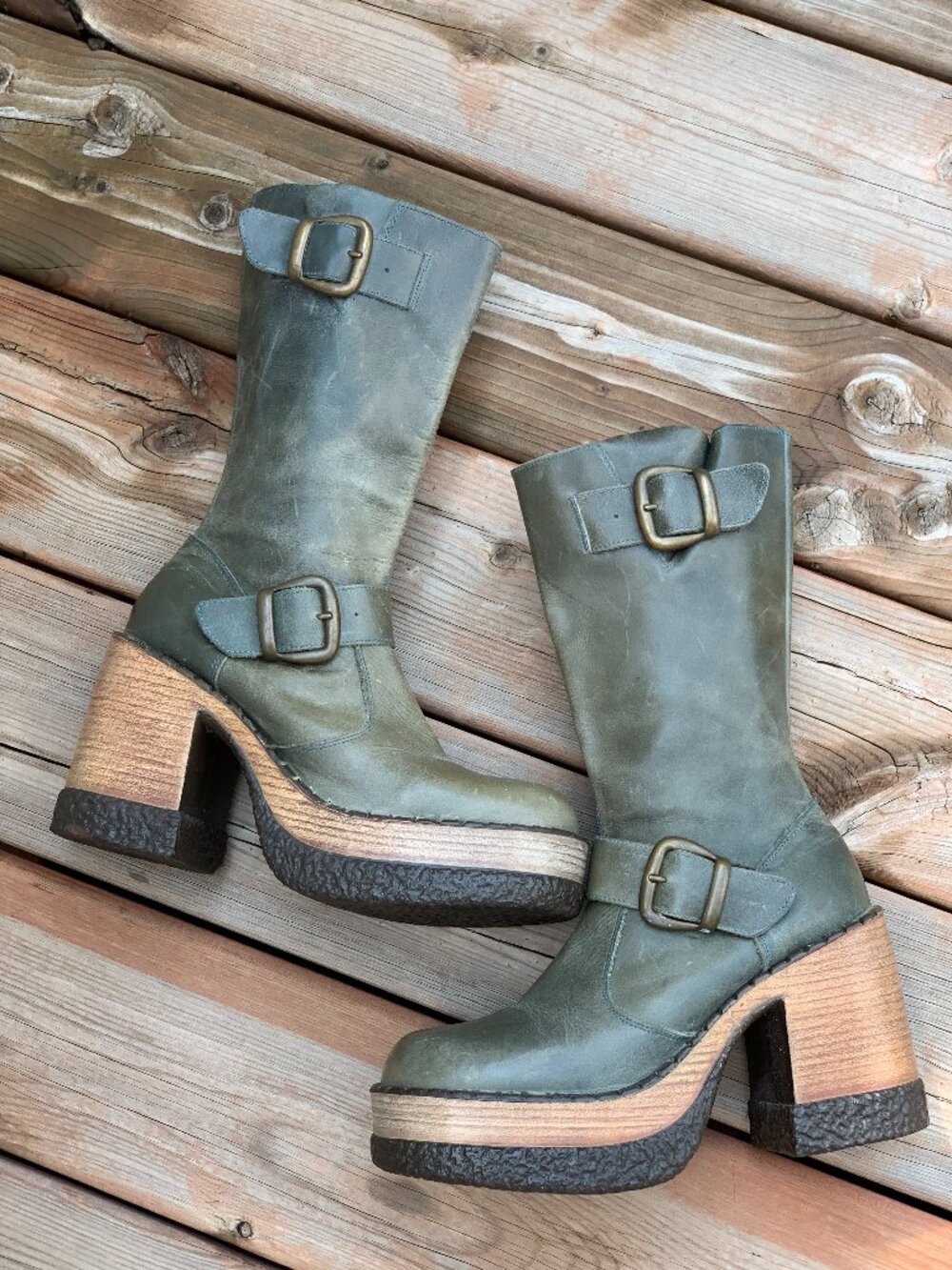 Vintage Y2K Square Toe Platform Boots 8 Green Leather Chunky Block Heel Retro